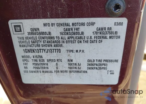 2000 Chevrolet Tahoe All New Ls из США, поврежденный, VIN 1GNEK13T7YJ137770